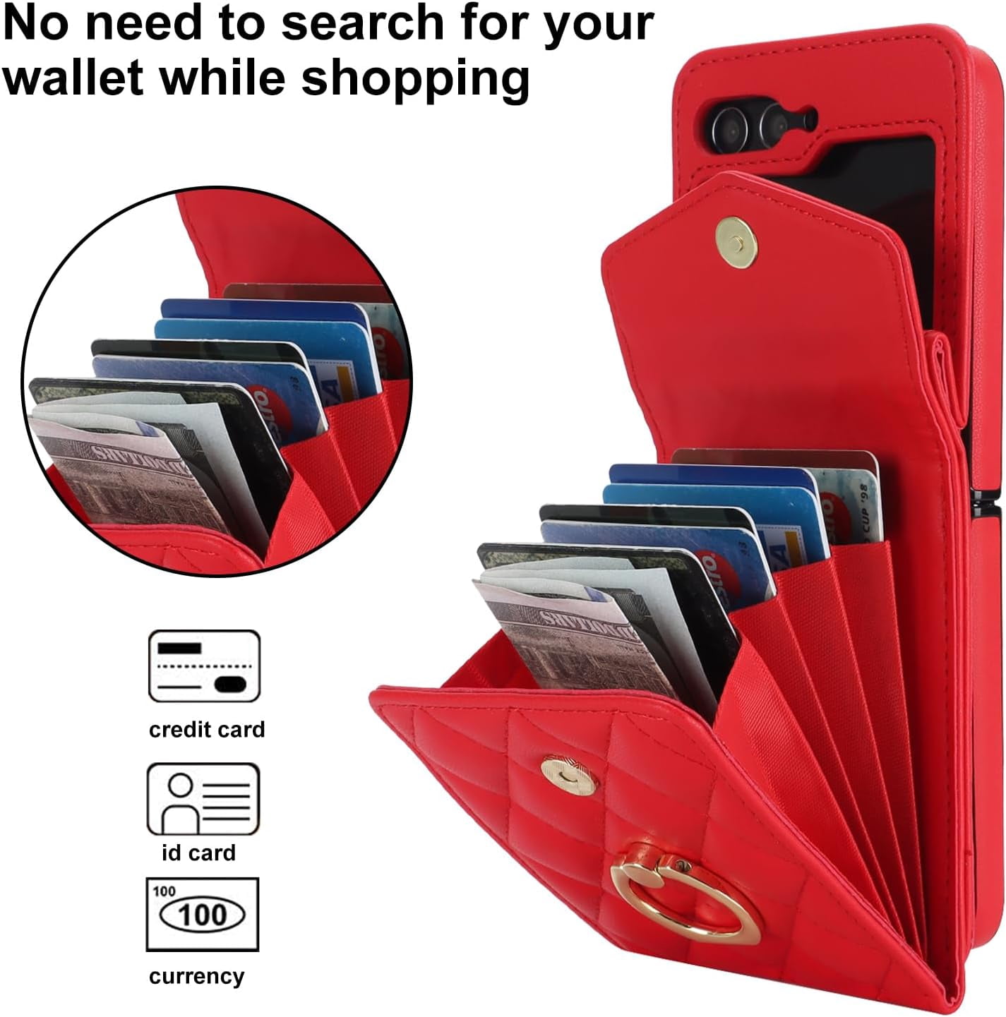 Phone Case for Samsung Galaxy Z Flip 5 5G 2023 Wallet Cover with RFID Blocking Ring Crossbody Wrist Strap Stand Credit Card Holder Leather Cell Accessories ZFlip5 Z5 G Flip5 5Z Women Girls Red
