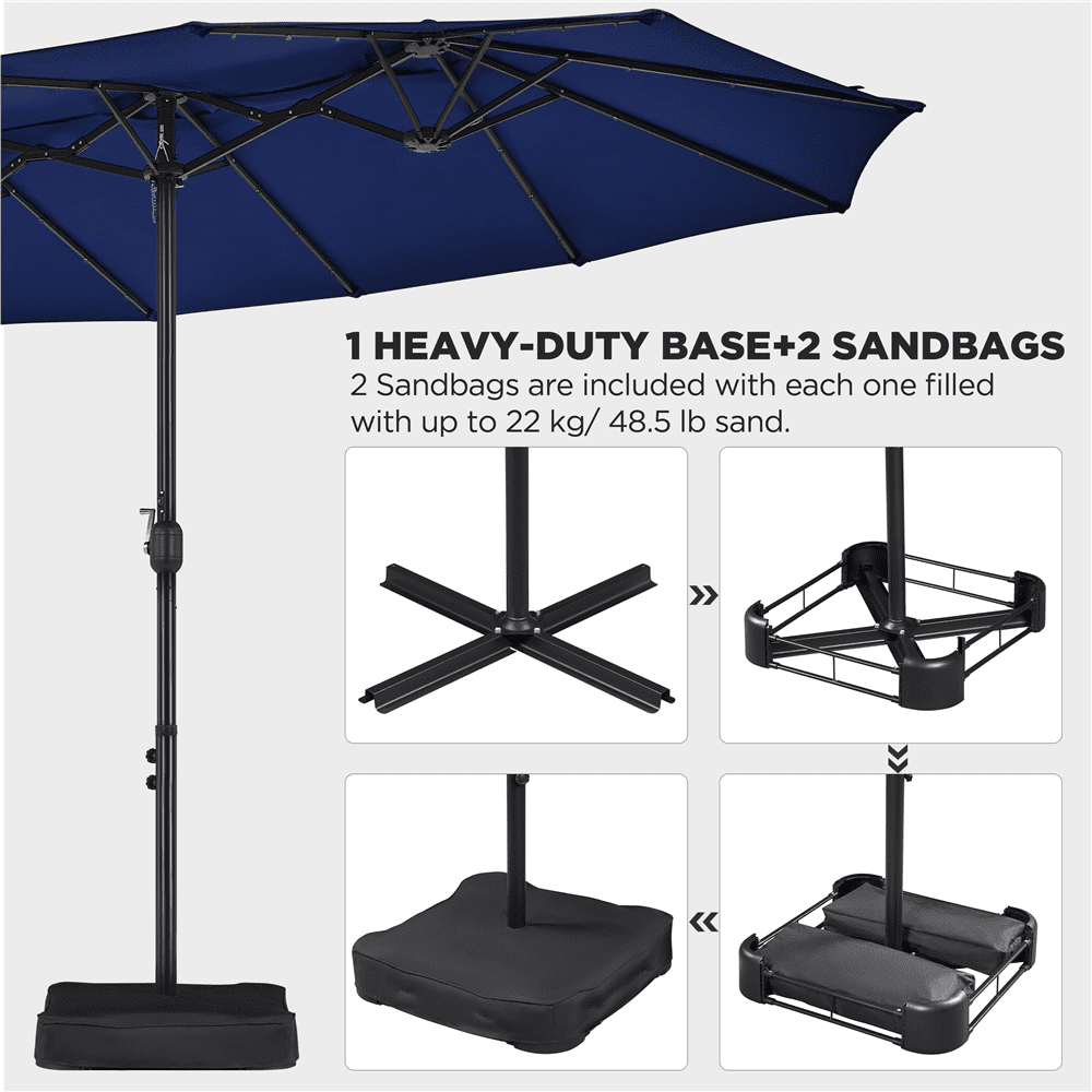 Renwick 13ft Large Patio Umbrella with Solar Lights & Base, Navy Blue