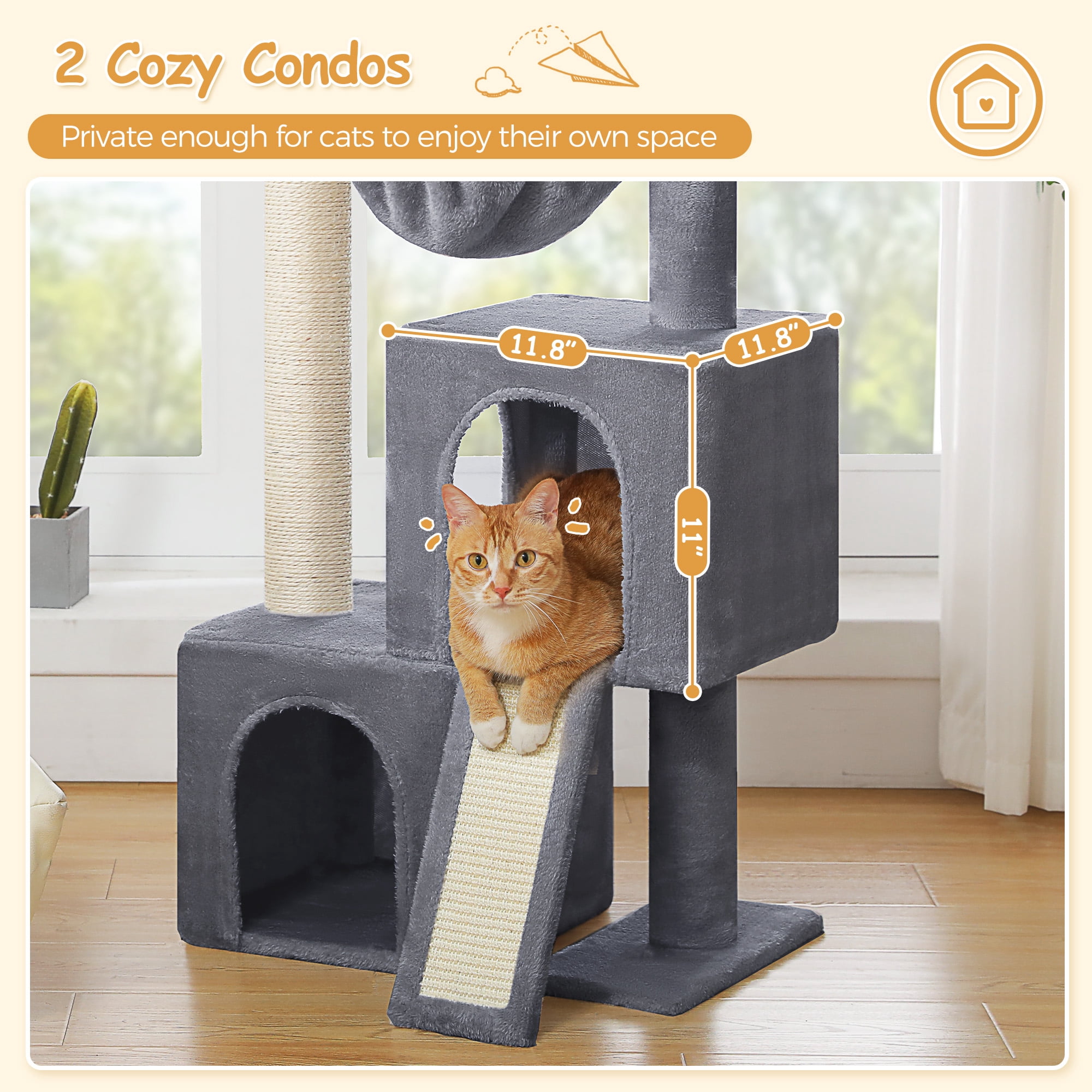 PAWZ Road 41" Cat Tree Condo with Hamock, Cat Scratcing Post Tower Ramp for Indoor Cats,Dark Gray