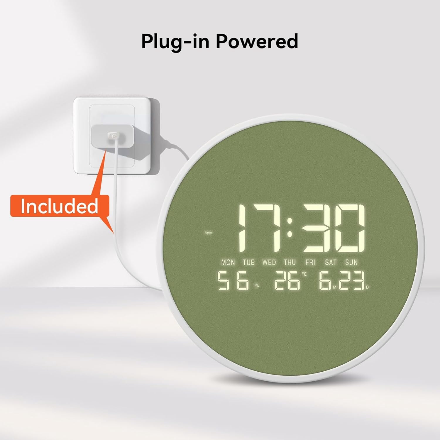 LED Digital Wall Clock with Temperature Humidity Display Auto Light Sensor 12/24H Format Large Number Calendar Modern Decorative 12-Inch Round Clocks for Living Room Bedroom Office Kitchen