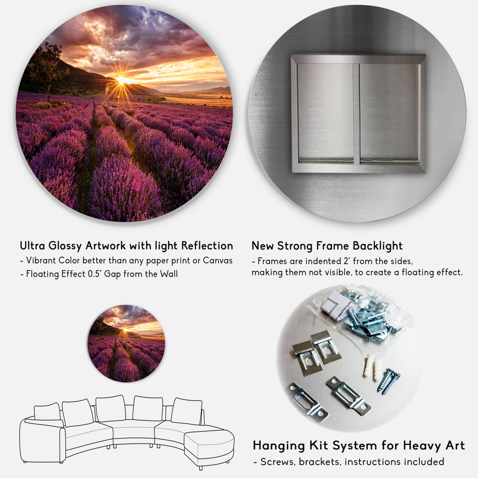 Designart 'Dramatic Clouds and Sunrise Over Lavender Field IV' Farmhouse Circle Metal Wall Art 29x29 - Disc of 29