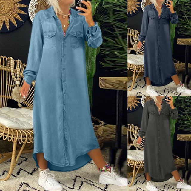 Tralilbee Robe en Denim Unie Vintage Décontractée pour Femmes à Manches Longues, Mode, Col en V, Boutons, Poche, Robe Longue Ample, Robe de Soirée Décontractée Ample