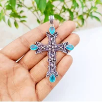 Blue Topaz Cross Pendant 925 Sterling Silver Handmade Gemstone Jewelry 2.83"