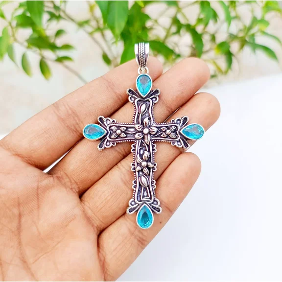 Blue Topaz Cross Pendant 925 Sterling Silver Handmade Gemstone Jewelry 2.83"