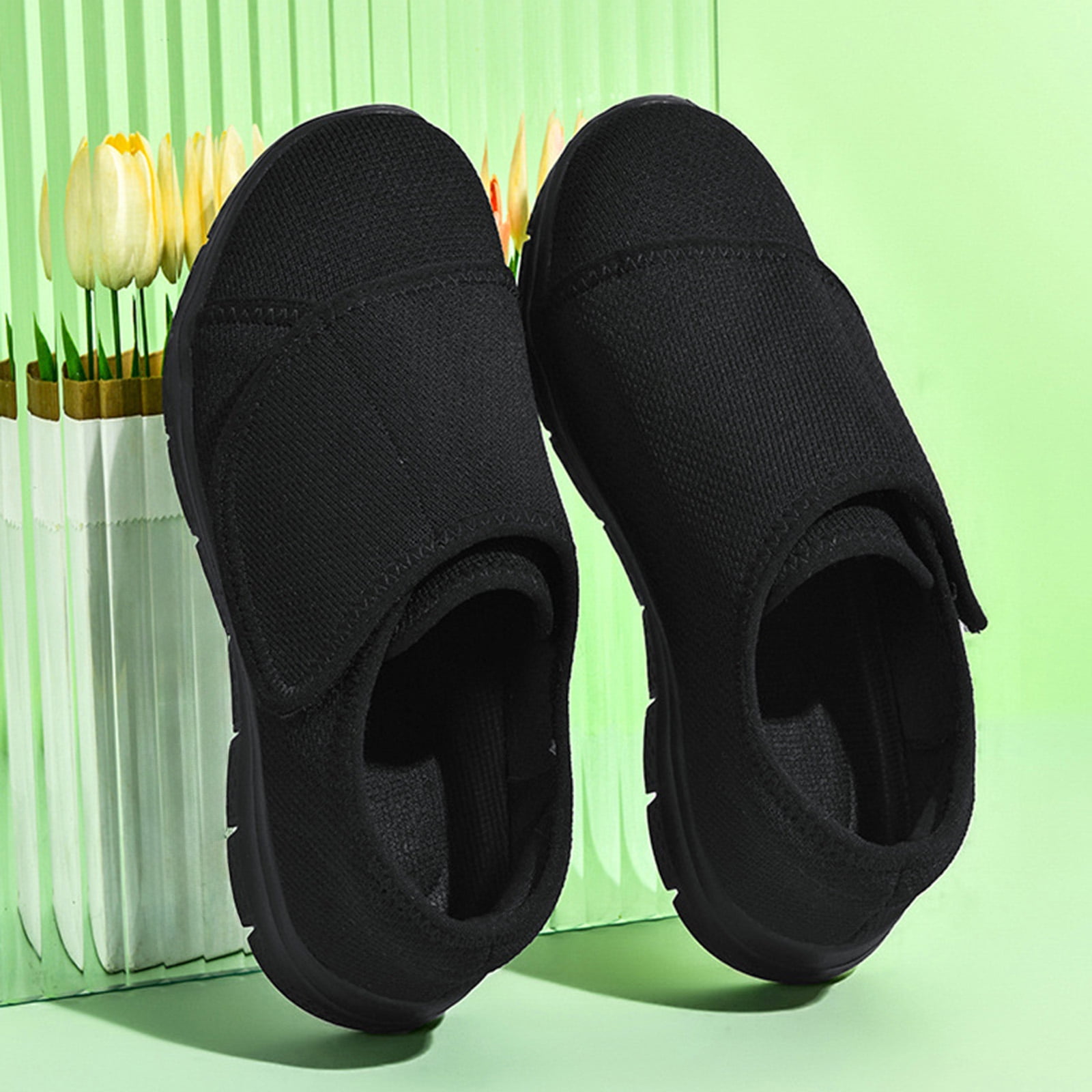 Women's Slip On Canvas Casual Shoes Wide Toe Box Lightweight Sneakers Hook and Loop Non Slip Teenis Shoes Black Size 10