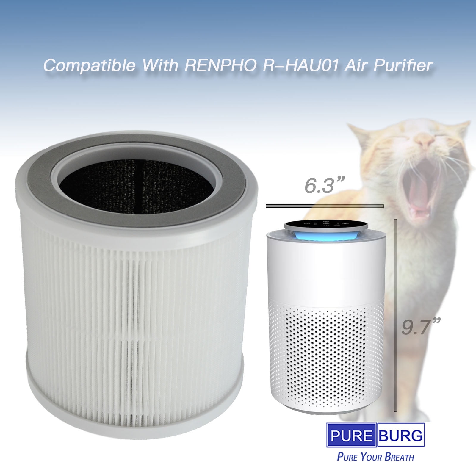 PUREBURG Replacement Filter Compatible with RENPHO R-HAU01 Air Purifier,2-Pack H13 HEPA Activated Carbon 2-in-1 3-Stage Filtration For Air Clean Dust VOCs Odor