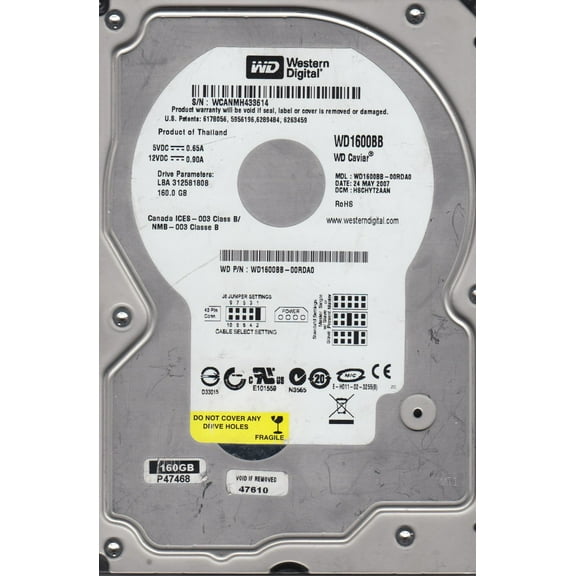 WD1600BB-00RDA0, DCM HSCHYT2AAN, Western Digital 160GB IDE 3.5 Hard Drive