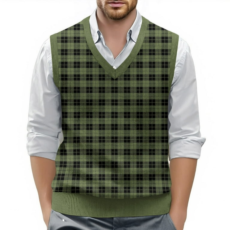 YOOZIO Army Green Mens V-Neck Sleeveless Sweater Vests Argyle