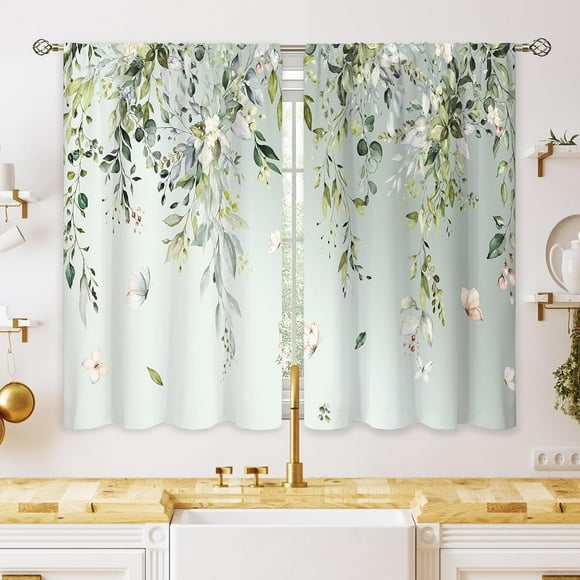 Eucalyptus Botanical Leaves Floral Kitchen Window Curtains Butterfly Farmhouse Flower Leaf Small Window Treatment Sage Green Cafe Short Curtains for Bathroom Treatment Tier Drapes 26x36 inch