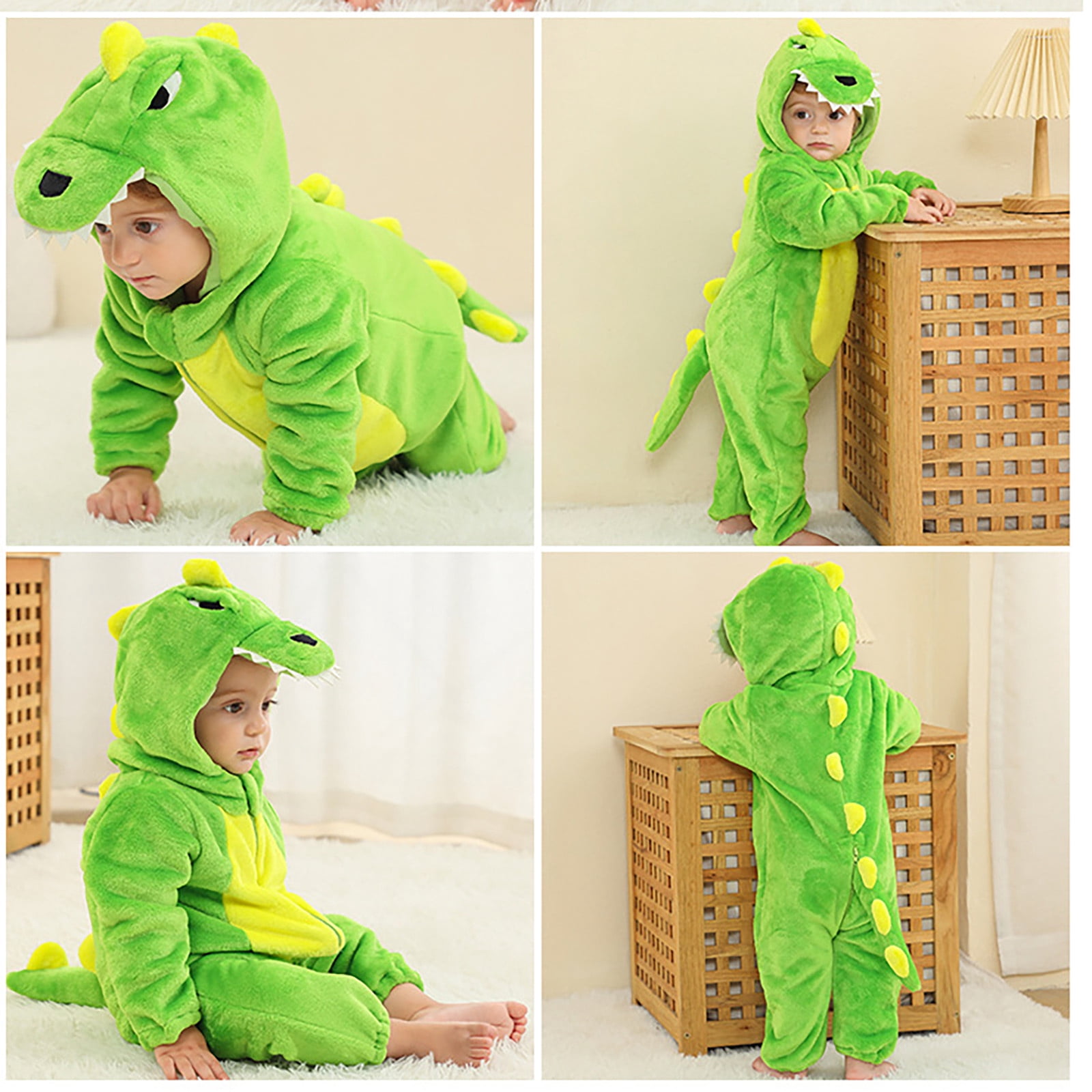 WOYY Toddler Boys Dinosaur Romper Soft Flannel Hooded Jumpsuit Zipper Onesies, Sizes 2-3T