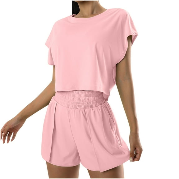 Diufon Women's Casual Suits Round Neck Cap Sleeve Tees Elastic High Waist Shorts Solid Color Outfits