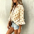 thumbnail image 6 of Yrmaups Women Loose Fit Button Down Blouse, Polka Dot Collared Ruffle Sleeve Top, Soft Breathable Cotton Casual Tee for Office Beach Daily Wear, Beige L, 6 of 9