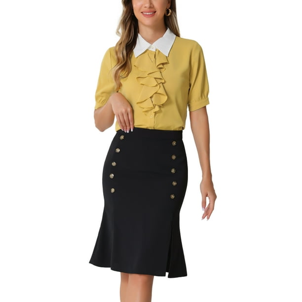 CAMISA DE TRABAJO DE MANGA CORTA CON VOLANTES Y BOTONES PARA MUJERES CON COLLAR EN CONTRASTE Y LAZO XL AMARILLO
