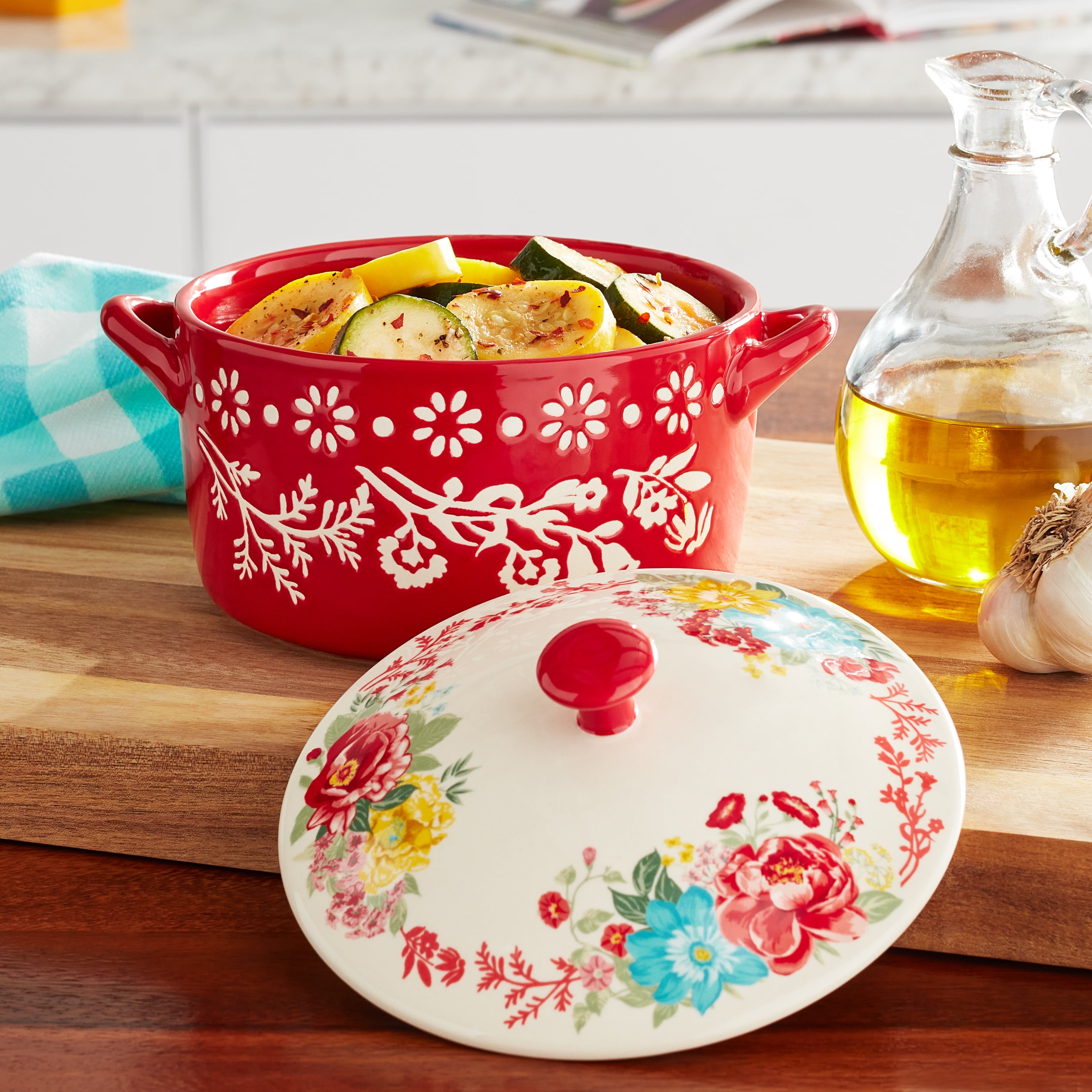(4 pack) The Pioneer Woman Fancy Flourish Round Ceramic Casserole Dish with Lid