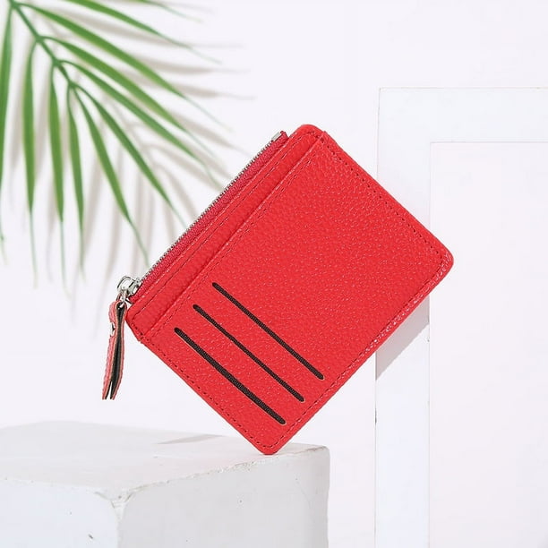 Bolso para mujer, tarjetero, monedero sencillo para mujer, pequeño, con cremallera, color liso, estampado de lichi, juego de tarjetas de presentación