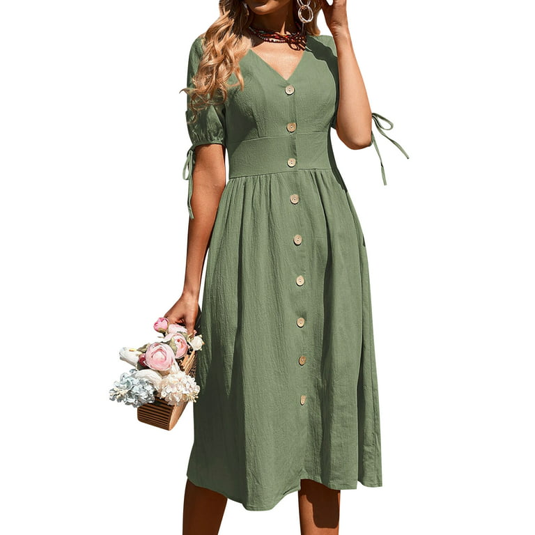Women Elegant V-Neck Midi Dresses Short Sleeve Lace Up Women Print Dress  Summer Office Ladies Casual Chic Dress XXL Army Green : :  Clothing, Shoes & Accessories