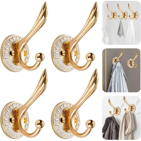 Coat Key Towel Door Hat Hooks Rack Hook Hangers Holder Wall Mount Heavy Duty Adhesive for Hanging, 4 Pack Electrum