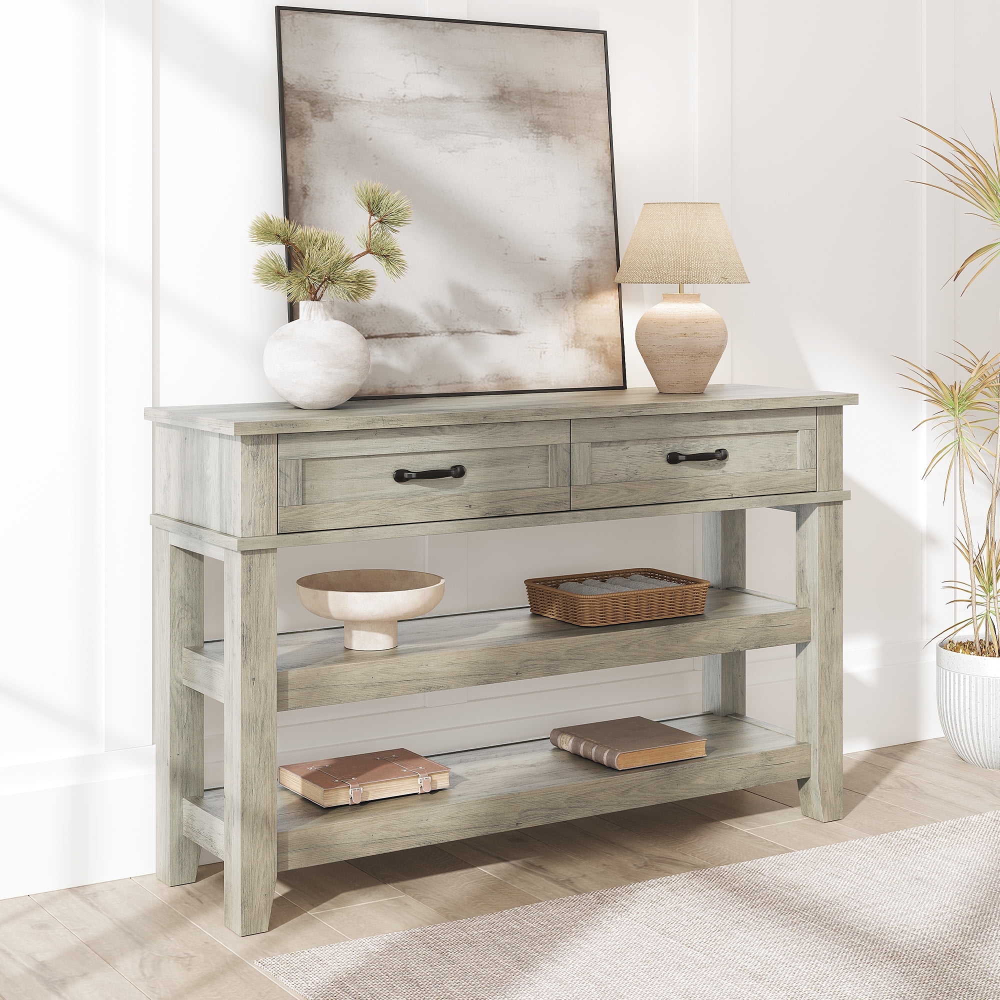 Farmhouse Console Table, Rustic Entryway Table with 2 Drawers and 2 Shelves, Wood Sofa Table Entryway Desk for Hallway, Vintage TV Stand for Living Room Bedroom