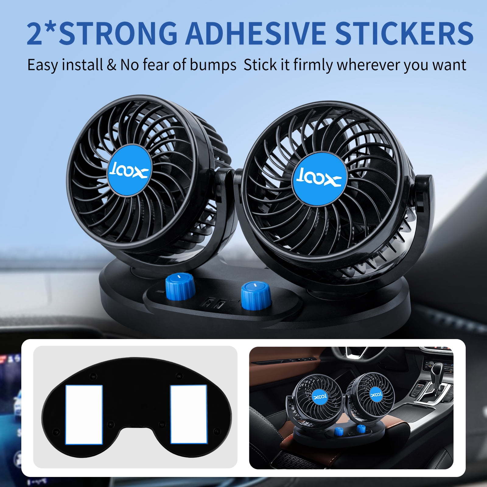 Car Fan, Electric Car Fan for Dashboard, 2 Speeds Portable 360 Degree 12V Car Cooling Fan for SUV, RV, Vehicle (2 USB Charging Ports)