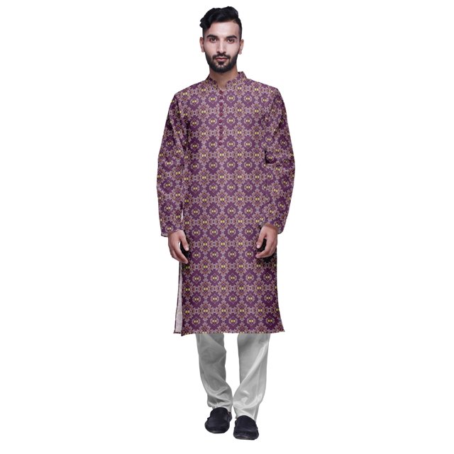 Atasi Ensemble de Pyjama Long Kurta Indienne en Satin Modal Imprimé pour Hommes avec Churidar Blanc