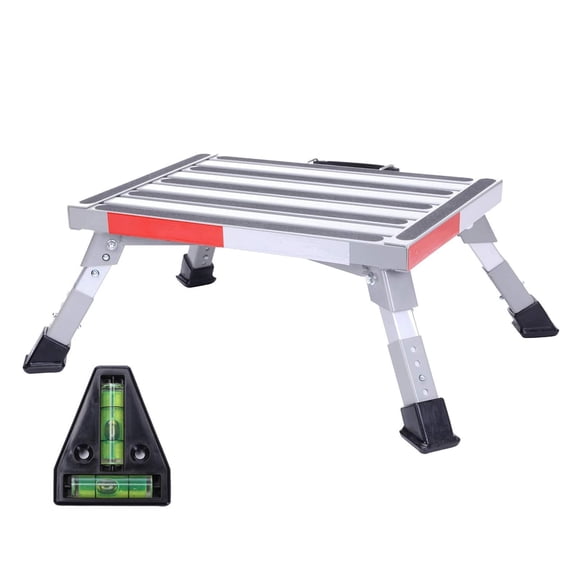 Homeon Wheels Stable RV Steps Adjustable Height Aluminum Folding Platform Step with Non-Slip Rubber Feet, Reflective Stripe, Handle, RV T L