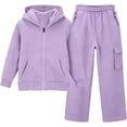 thumbnail image 4 of YUNLIUU Girls Sweatsuit Fall Winter Kid Zip Up Hoodie And Cargo Sweatpants Set,120=5-6Years,Purple_01, 4 of 4