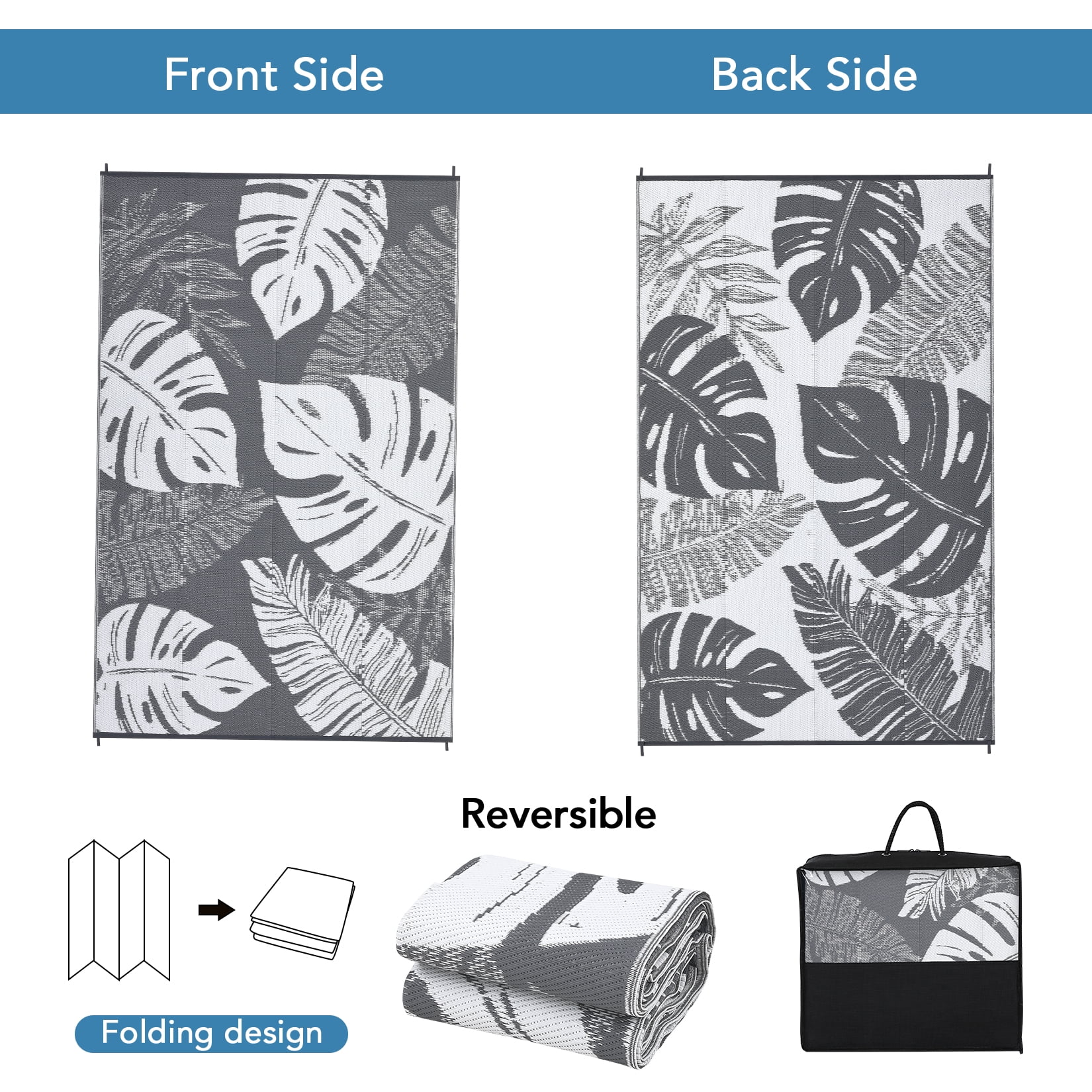 GlowSol 10'x14' Outdoor Rug Plastic Straw Weatherproof Reversible Rug Modern Leaves Patio Camping Rugs for Deck Porch Picnic Balcony, Grey White