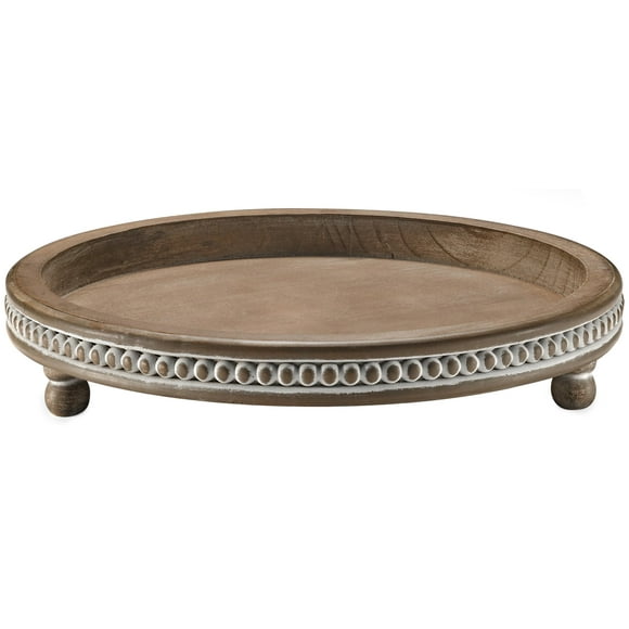 Handmade Wooden Serving Tray, Small Beaded Coffee Table Tray Decor, Warm Brown Round Decorative Tray for Coffee Table, Dining Room Table Entryway and Living Room Table