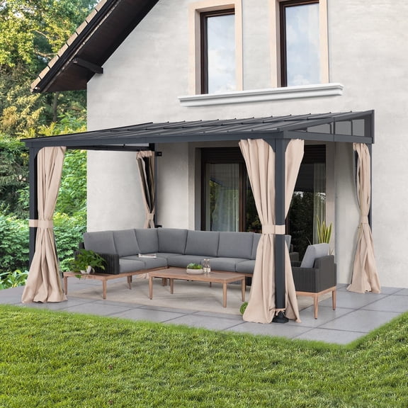 Sunjoy 10 x 12 ft Wall-Mounted Gazebo with Powder Coated Steel Roof, Black Aluminum & Metal Frame Lean to Gazebo with Curtains and Netting