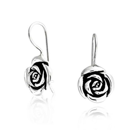 French Wire Earrings - Rose Flower Drop Earrings French Wire For Women Black Antiqued Oxidized 925 Sterling Silver