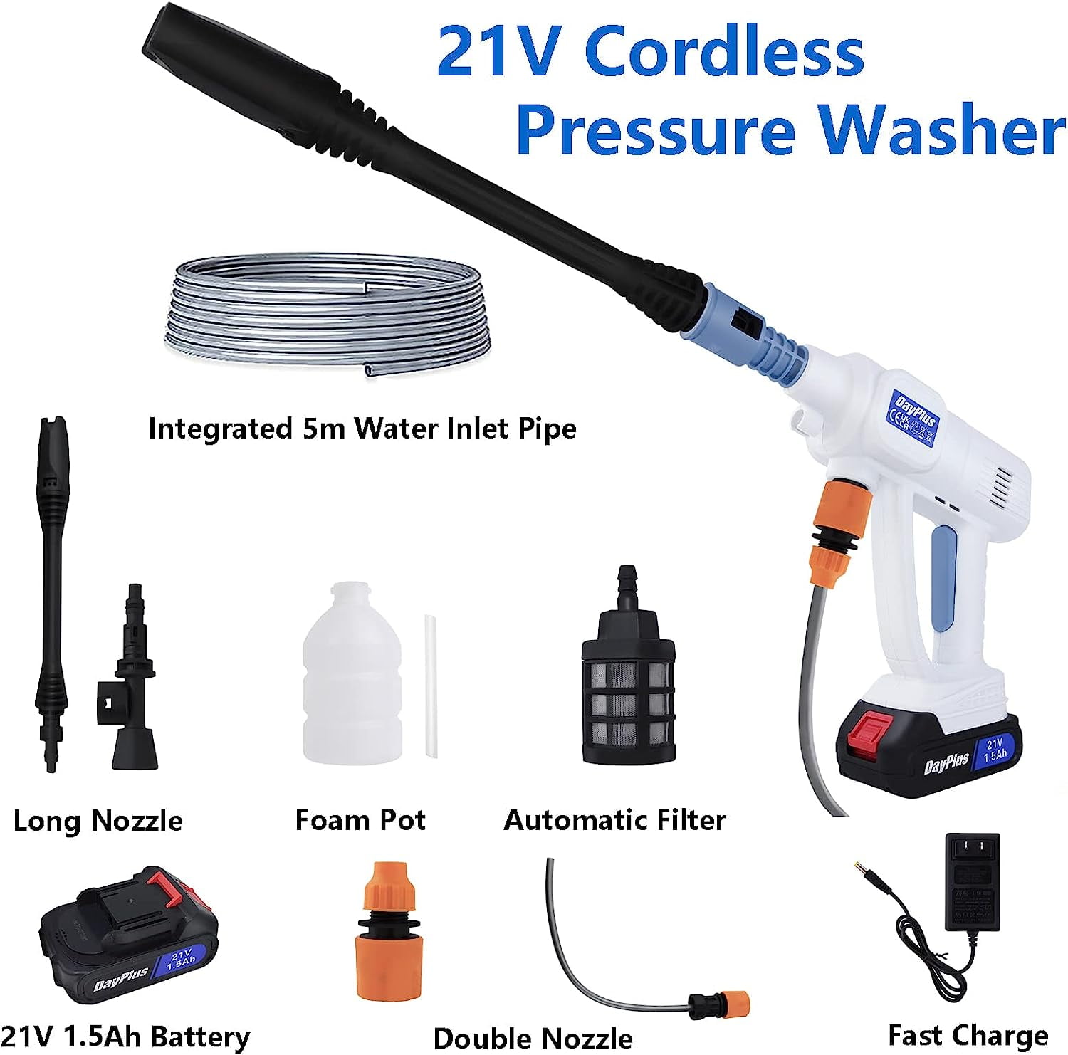 Power Washer, 21V Cordless Pressure Washer Car Wash Power Cleaner with 1.3Ah Battery, 6-in-1 Nozzle, Electric Pressure Washer for Outdoor Wall Floor Window Cleaning, Portable High Pressure Cleaner
