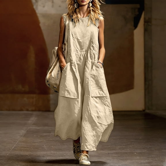 Guieoi Summer Dresses for Women under $10 Plus Size Flowy Solid-Color V-Neck Sleeveless Dress with Pockets Beige XL