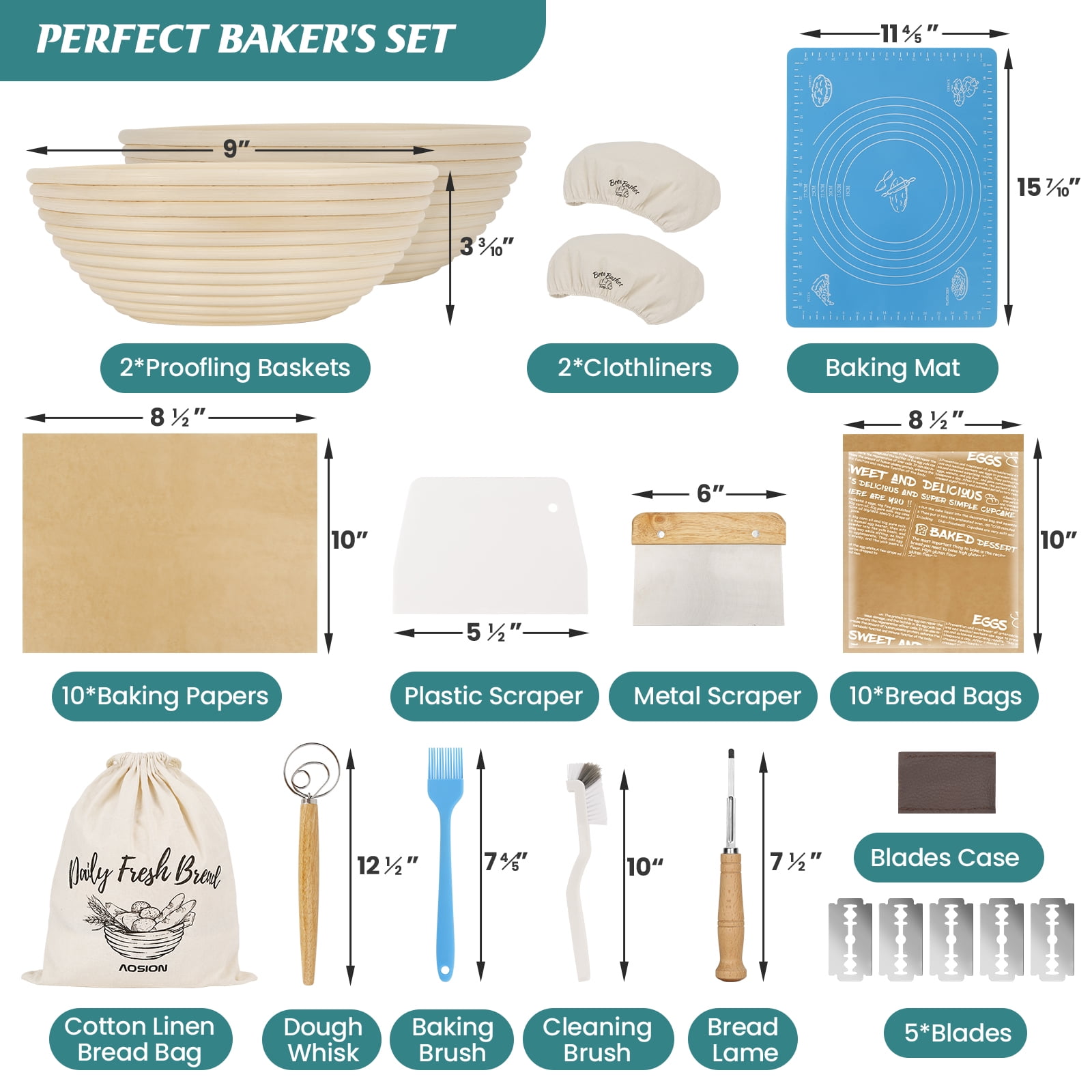 Banneton Bread Proofing Basket Set of 2,Sourdough Bread Kit,9" Round Basket,Bread Making Tools and Supplies,Include Linen Liner, Bread Bag, Danish Dough Whisk,Bread Lame,Bowl Scraper,Dough Scraper Kit