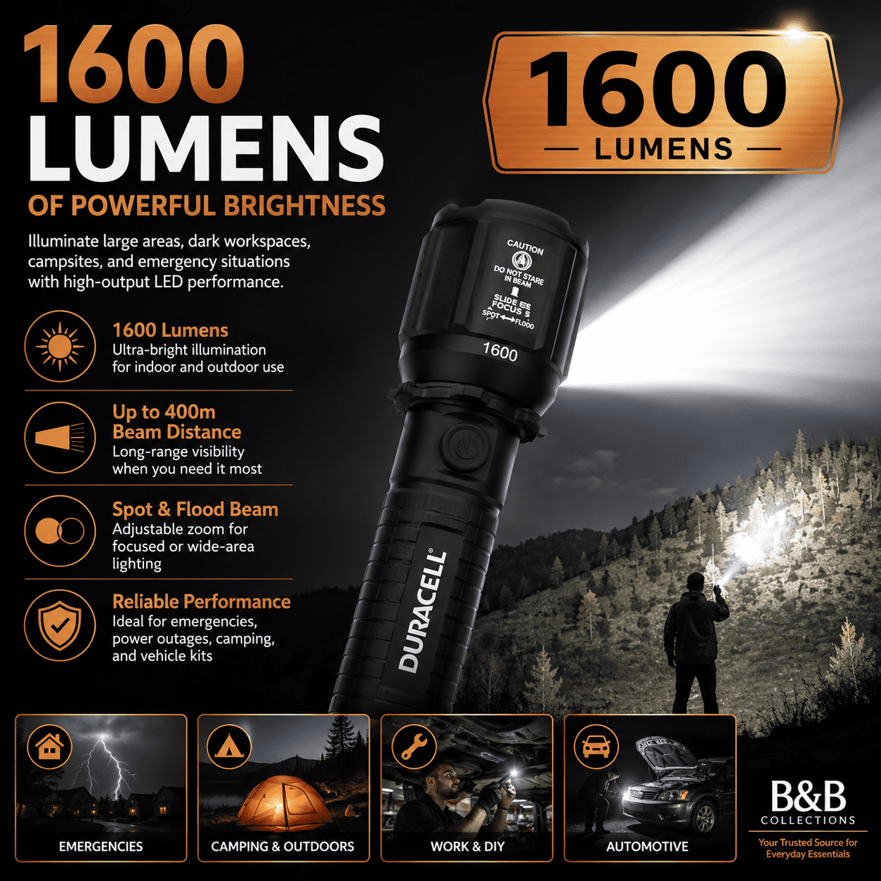 Duracell Durabeam Ultra Hybrid LED Flashlights, 1600 Lumens, USB-C Rechargeable or AAA Battery Powered, Zoom Focus, 3 Pack