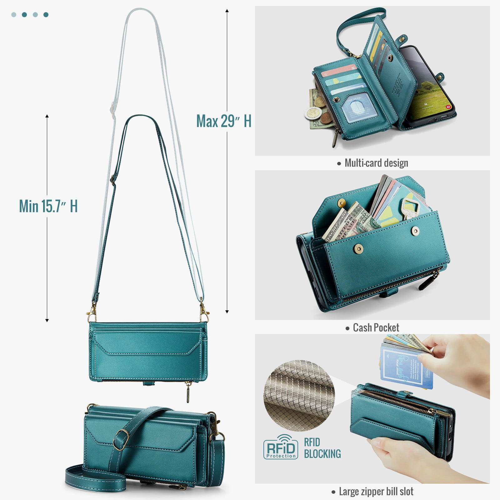 Compatible with Samsung Galaxy S25 Edge 5G Zipper Wallet Phone Case Tempered Glass Screen Protector Crossbody Lanyard Strap Flip Card Holder Slot Cell Cover for S25Edge 25S S 25 25Edge Women Green