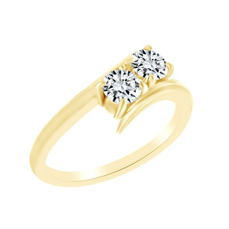 Two Stone Bypass Ring Round Shape White Cubic Zirconia Two Stone Bypass Engagement Ring In 10k Solid Yellow Gold Ring Size-4 ()