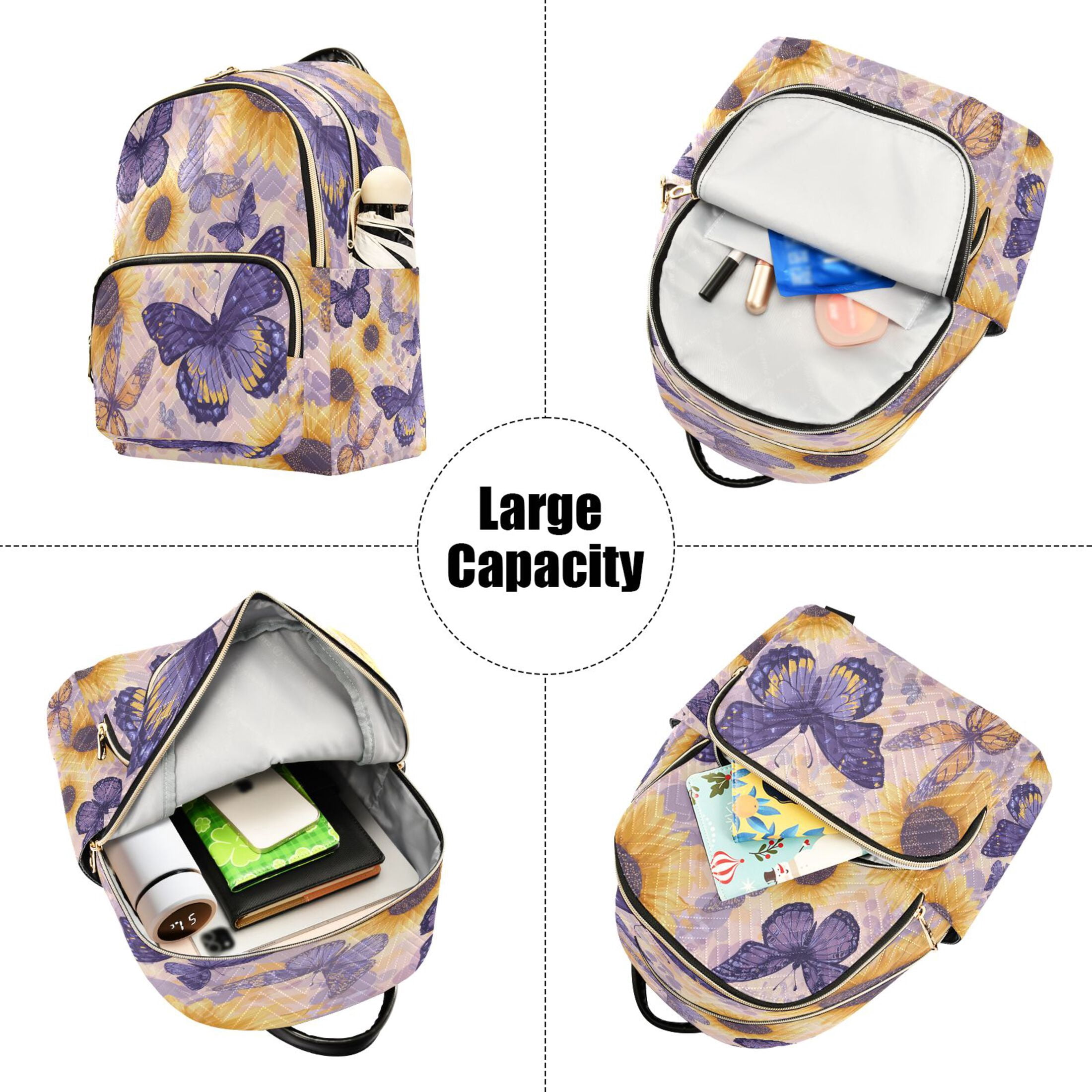 Purple Butterflies with Sunflowers Quilted Backpack Fashion Daypack Commuter Bag for Women 14 L