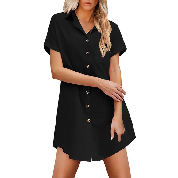 JFHHQ Ballroom Dance Dress Women's Summer Casual Long Button Down Shirt Dress Short Sleeve Beach Cover Up Blouse Tunic M Black