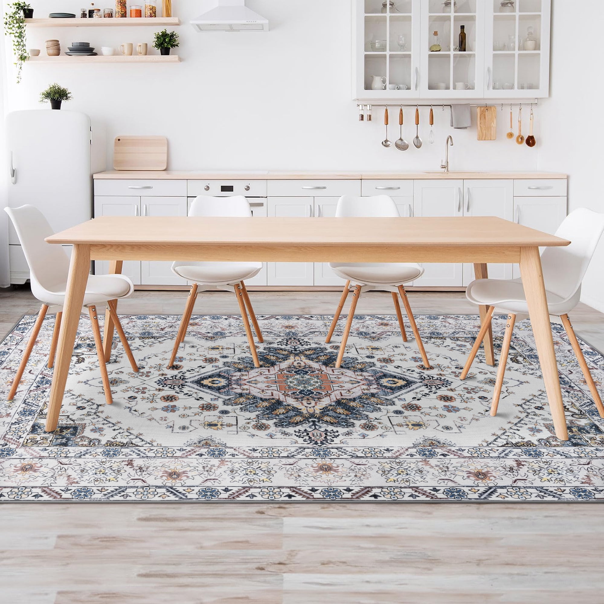 Wondo 5x8 Beige Area Rug - Machine Washable Non-Slip Rubber Backing, Low Pile Vintage Carpet for Living Room Bedroom Kitchen Dining Office