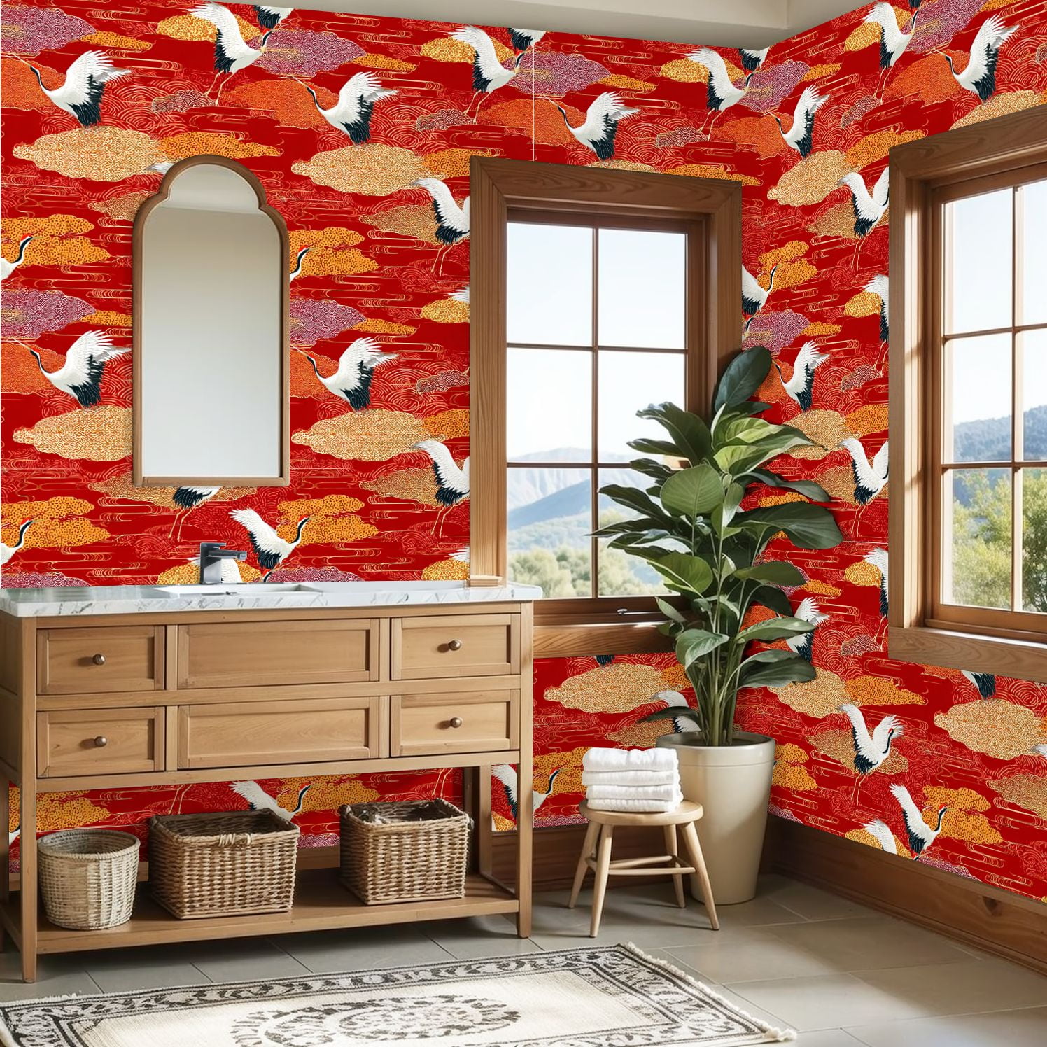 Crane Peel and Stick Wallpaper 23.6in x 9.8ft Elegant Japanese Red crowned Cranes Contact Paper Vinyl Waterproof Self Adhesive Wall Paper for Bedroom Shelf Cabinet Renter Friendly