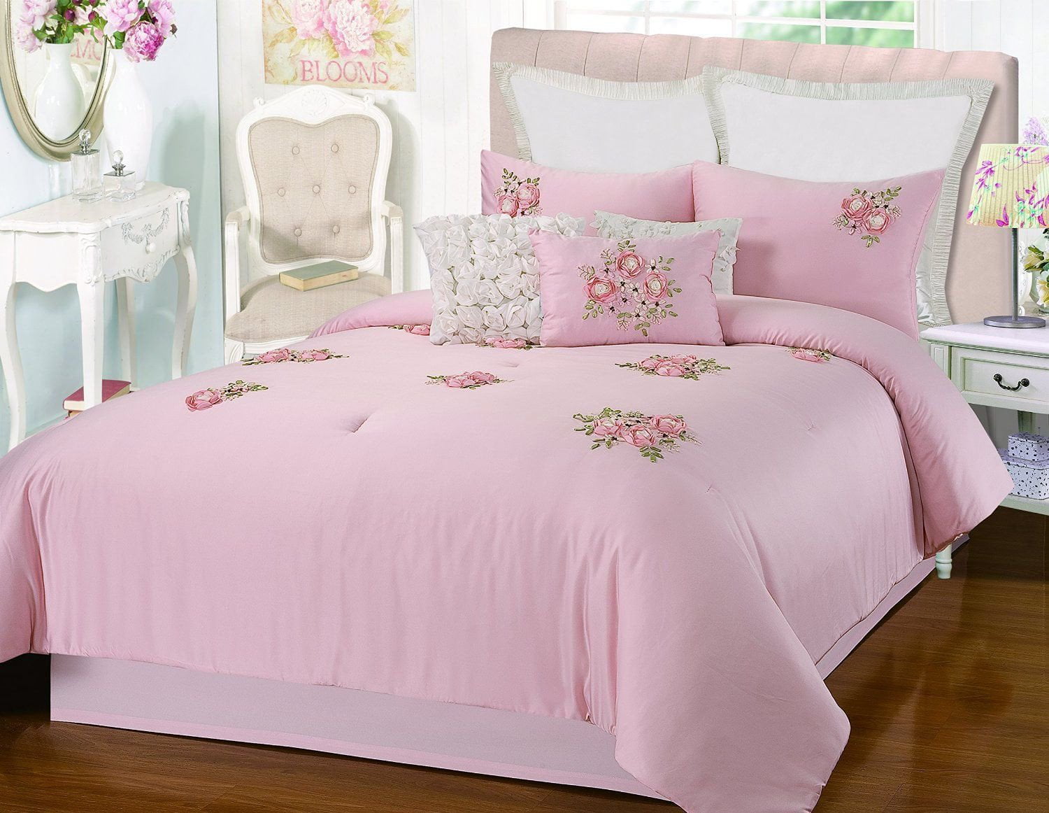 Rosetta Floral Bouquet Applique Pink 5 Piece Comforter Bed In A Bag Set