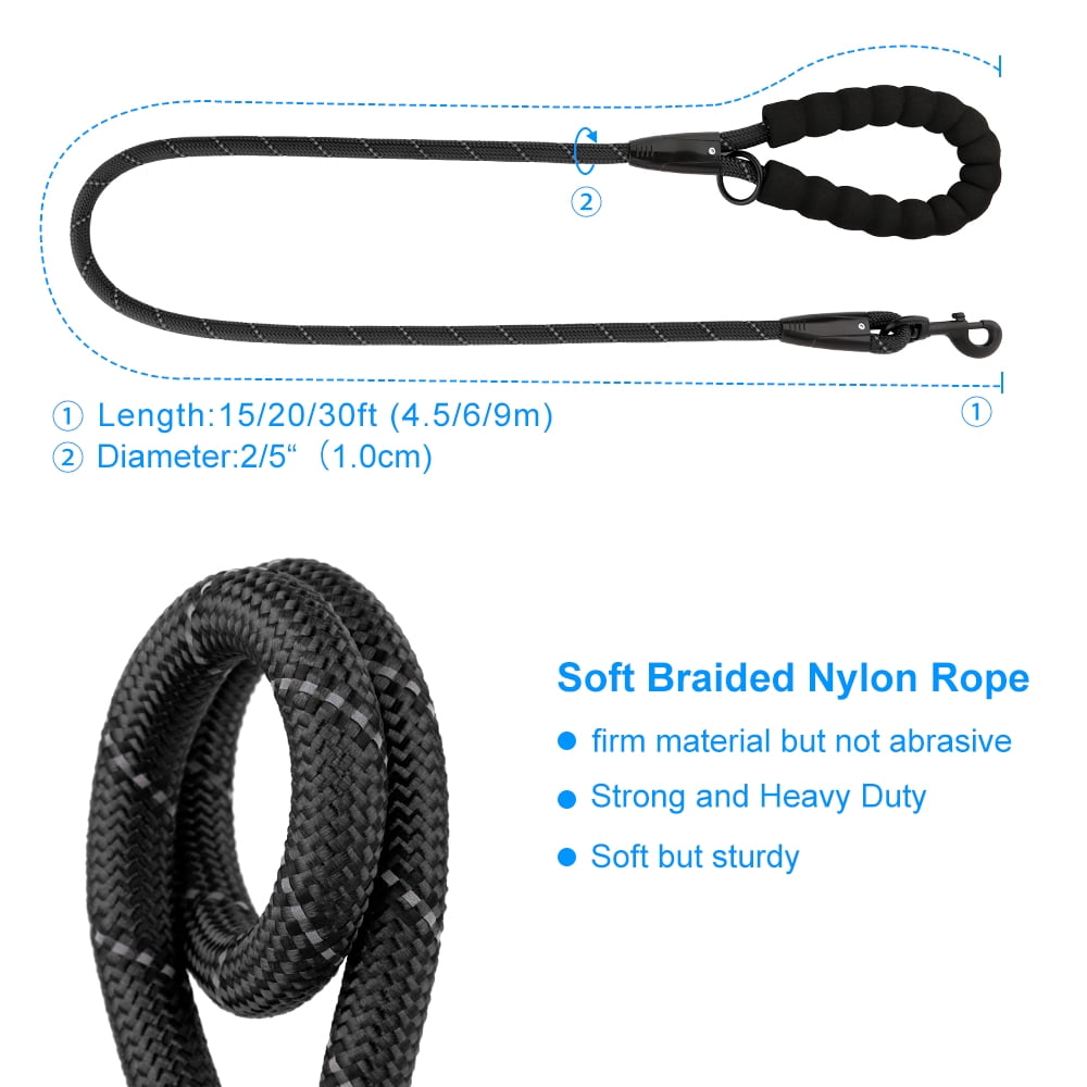 Plutus Pet Long Rope Dog Leash, Heavy Duty, Reflective, With Comfortable Padded Handle, 15FT 20FT 30FT Dog Training Leash for Small Medium Large Dogs (50FT, Black)