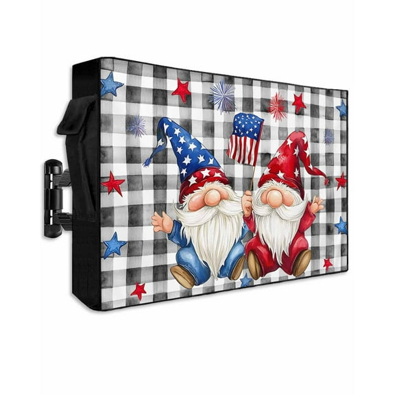 4th of July Gnomes Outdoor TV Cover 70 to 75 Inch Weatherproof, Star Independence Day Black Plaid 600D Oxford TV Covers with Waterproof Zipper, Outside Flat TV Screen Protector Size 68"Wx42"Hx4.5"D