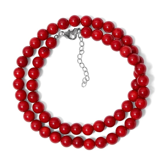 Red Coral Beaded Necklace, 8mm Smooth Round Beads Necklace With Sterling Silver Clasp Extension Chain