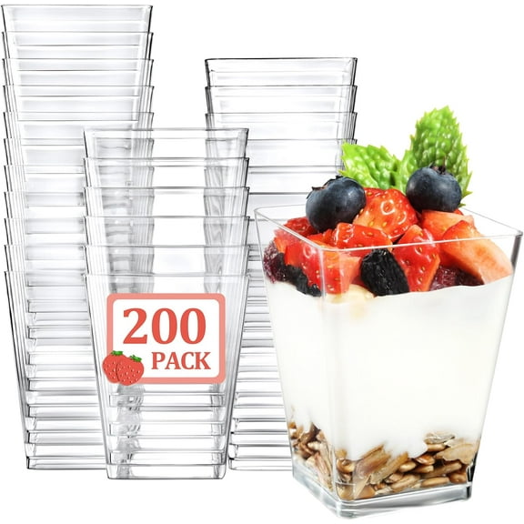 200 Pack 5 OZ Plastic Mini Dessert Cups - Clear Small Parfait Cups, Square Appetizer Cups for Fruit, Pudding, Mousse, Ice Cream, Party, Wedding, Valentine's Day