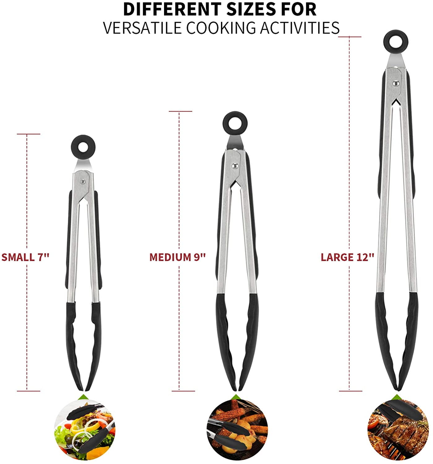 600°F Heat Resistant Kitchen Tongs: U-Taste 7/9/12 inch Silicone Cooking Tong Set with Non Stick Rubber Tips and Silicon Coated 18/8 Stainless Steel Handle for Serving Grilling Salad(Black)
