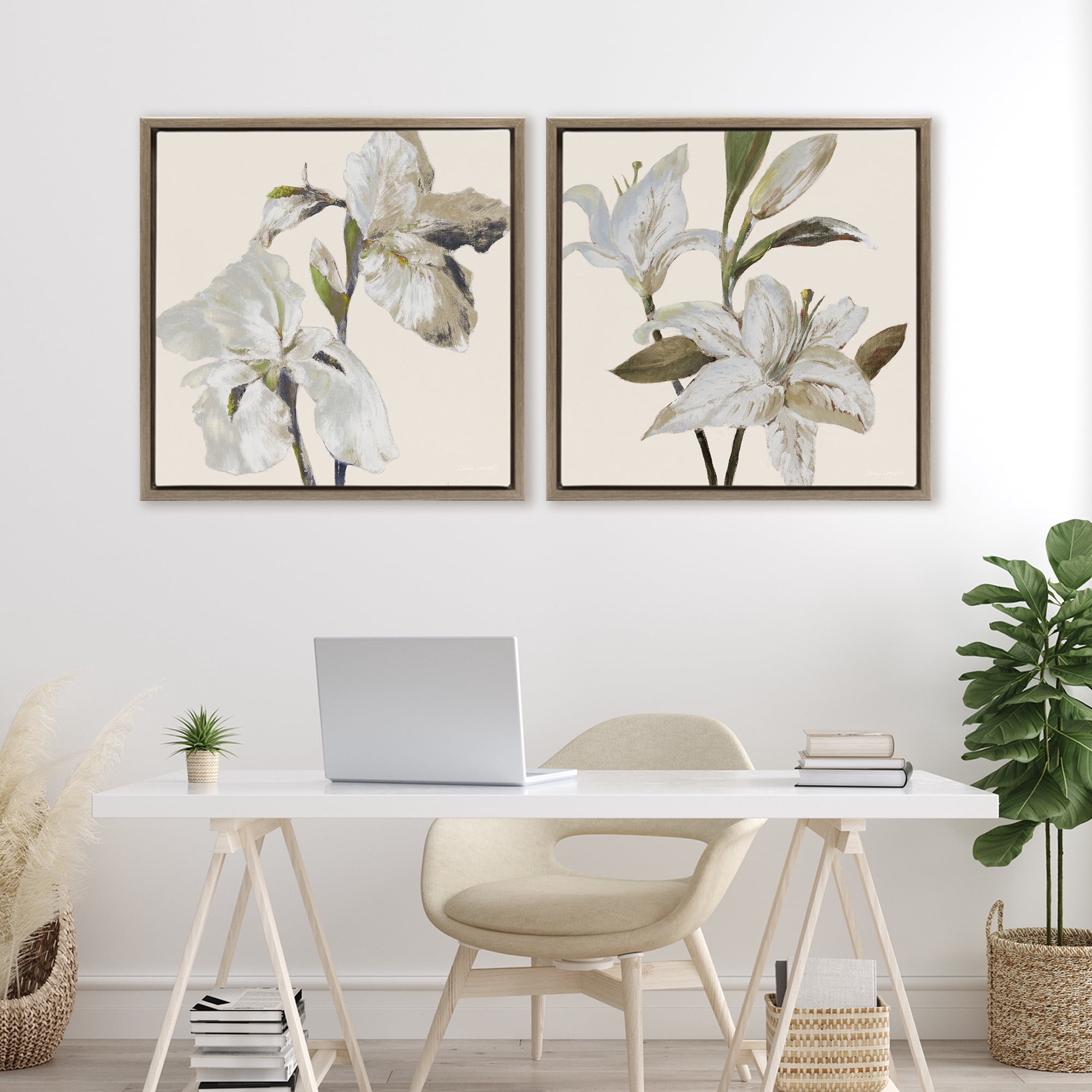 Stupell Industries Irises and Lilies Soft Beige 2 Piece Brown Framed Floater Canvas Set, design by Lanie Loreth
