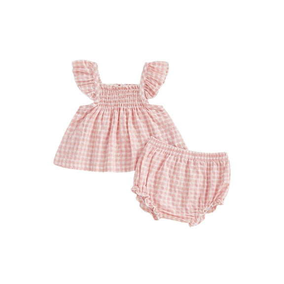 BemeyourBBs Infant Baby Girls Summer Clothes Plaid Gingham 2 Pieces Smocked Outfit Fly Short Sleeve Camisole Tank Vest Top with Elastic Waist Shorts Set