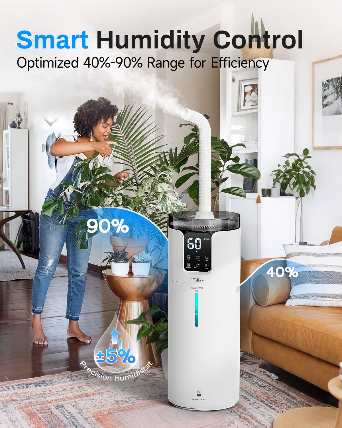 Large Room Humidifier 4.2gal for Home Bedroom, Whole House Top Fill Cool Mist Humidifier with Touch & Remote Control, Lacidoll