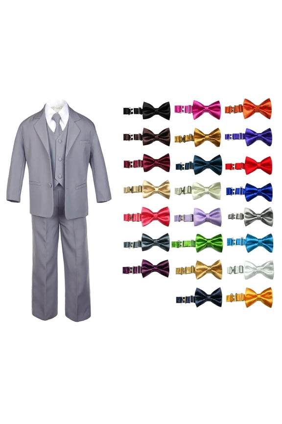 6pc Baby Toddler Boy Teen Formal Party Suit w/ Satin Bow tie Medium Gray Sm-20